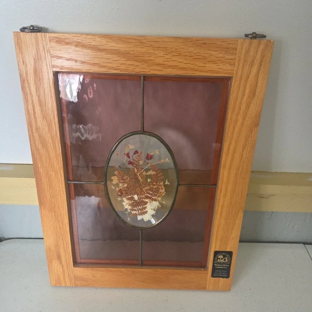 Oak Framed Stained Glass Artwork Dried Flowers Botanical Window Hanging